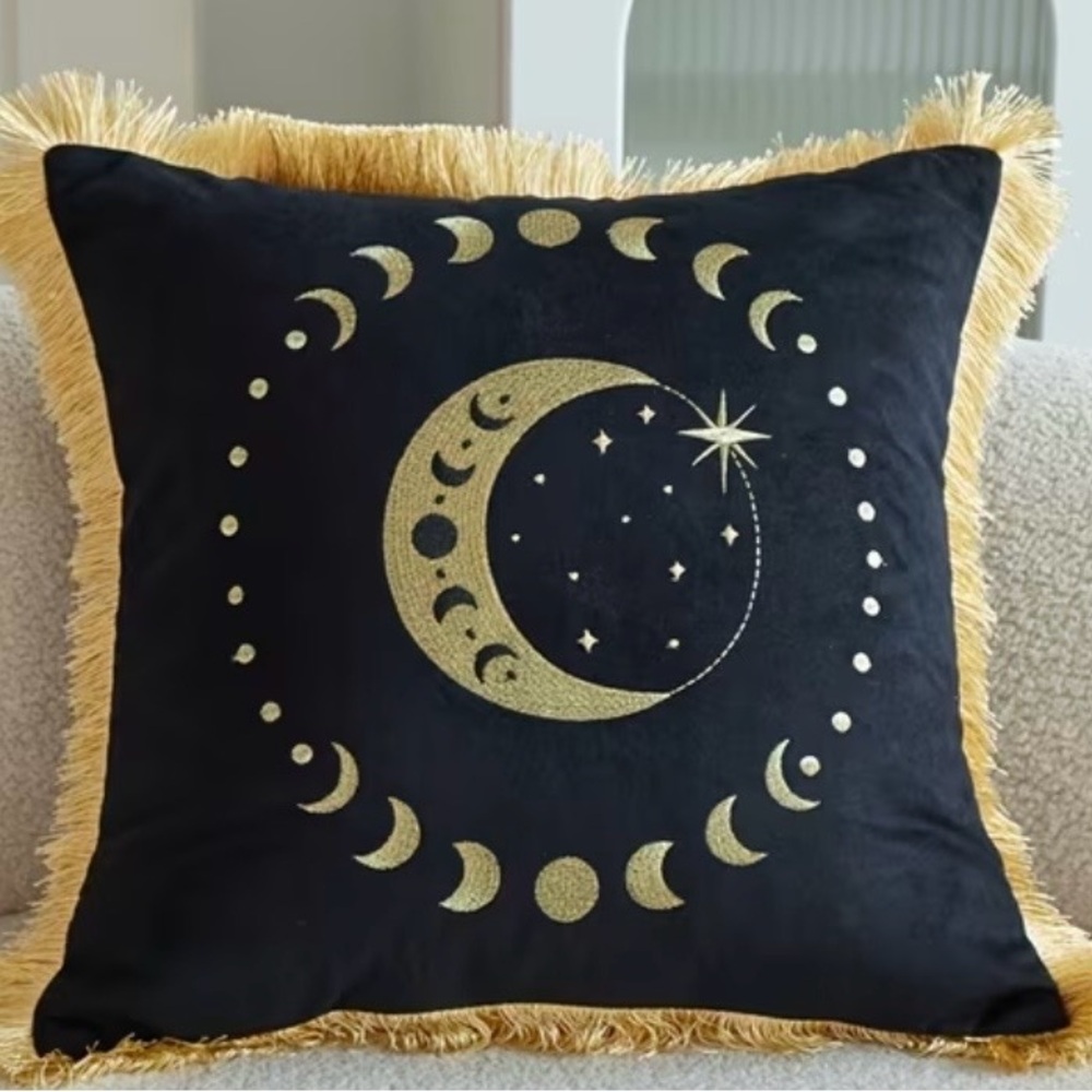 Black and Gold Celestial Moon Phase Pillow Cover